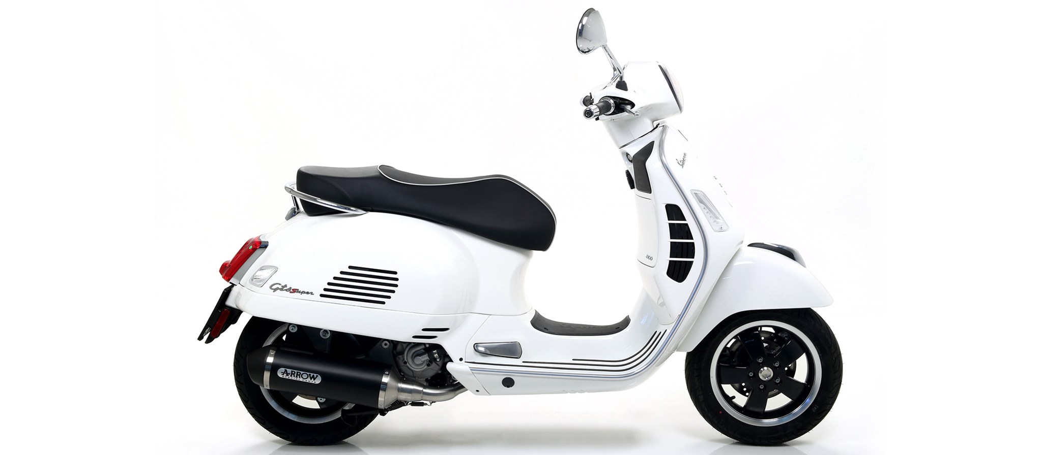 Scarico completo Arrow con terminale Urban omologato Alluminio Dark fondello acciaio nero per VESPA 300 GTS 2017-2018, Immagine 3