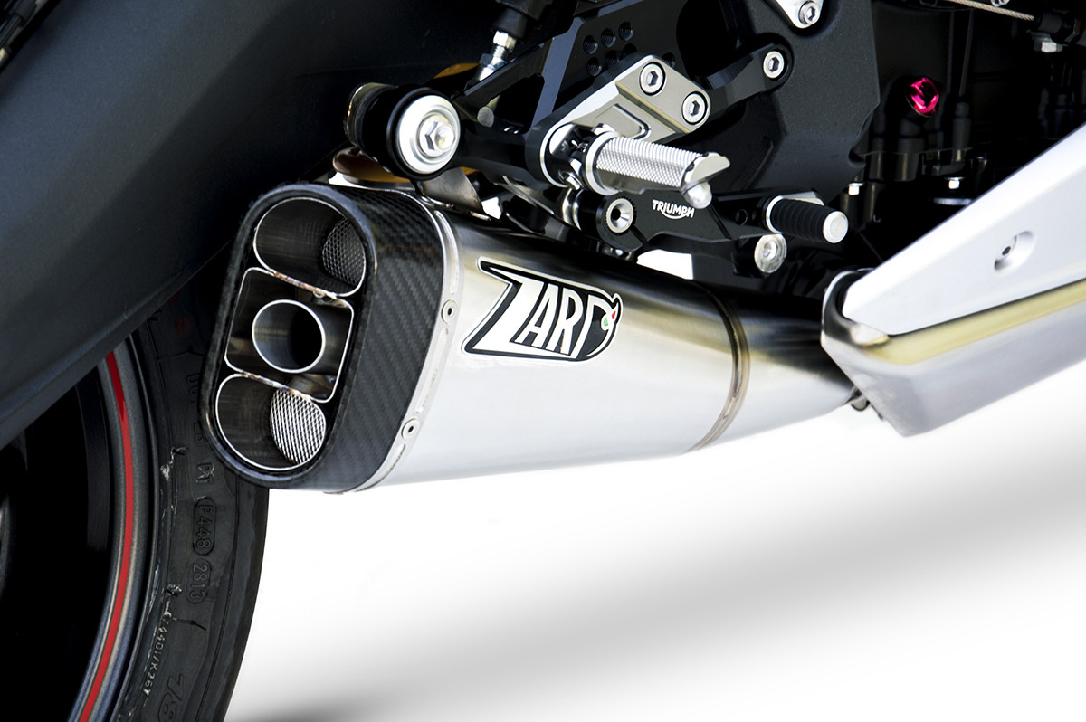 Slip-On Zard "SHORT" Acciaio Inox Fondello Carbonio Racing Satinato per TRIUMPH DAYTONA 675 2013-2016