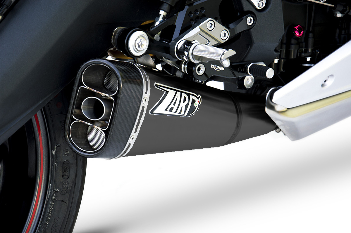 Slip-On Zard "SHORT" Acciaio Inox Fondello Carbonio Racing Nero per TRIUMPH DAYTONA 675 2013-2016