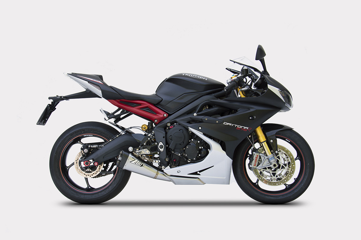 Kit Completo 3>1 Zard "SHORT" Acciaio Inox Fondello Carbonio Racing Satinato per TRIUMPH DAYTONA 675 2013-2016