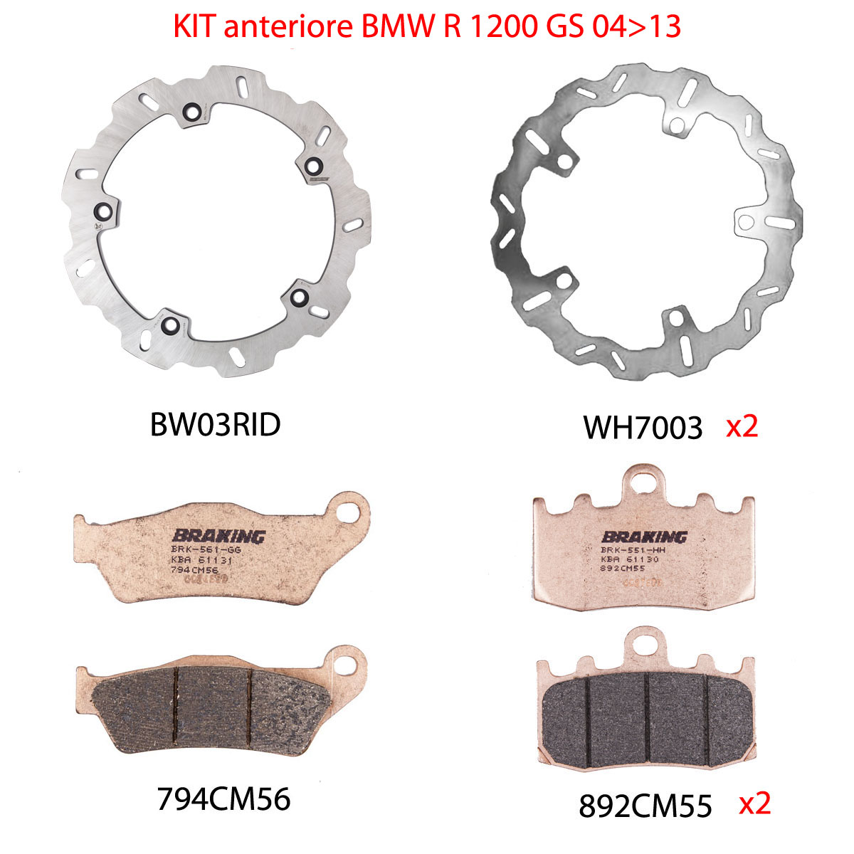 Kit Completo Anteriore e Posteriore Braking Dischi Wave con Pastiglie per BMW R 1200 GS 2004-2012