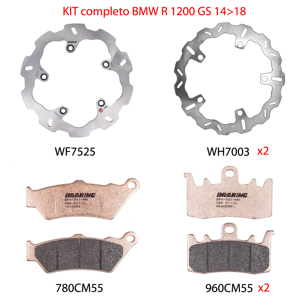Kit Completo Anteriore e Posteriore Braking Dischi Wave con Pastiglie per BMW R 1200 GS 2014-2018