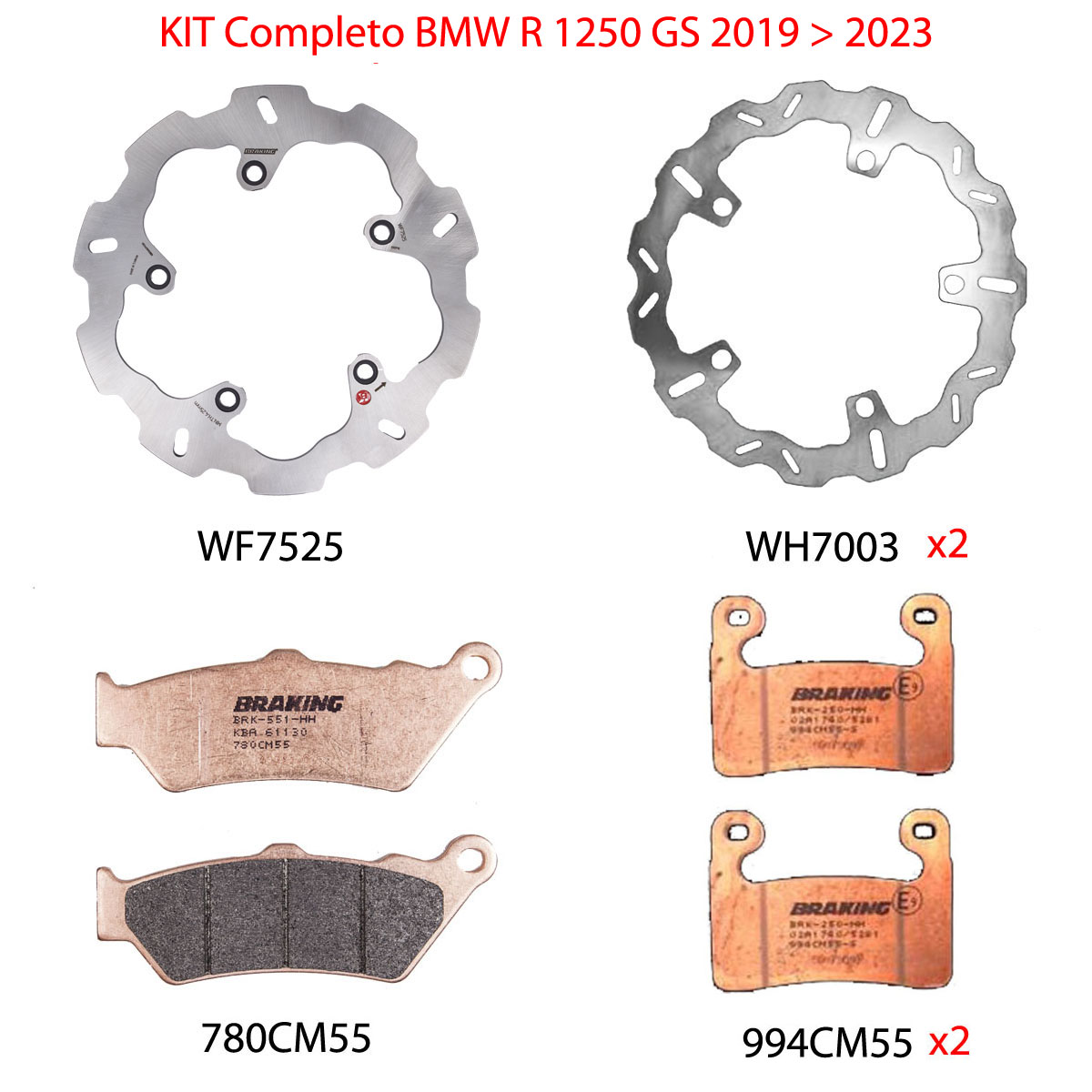Kit Completo Anteriore e Posteriore Braking Dischi Wave con Pastiglie per BMW R 1250 GS 2019-2023